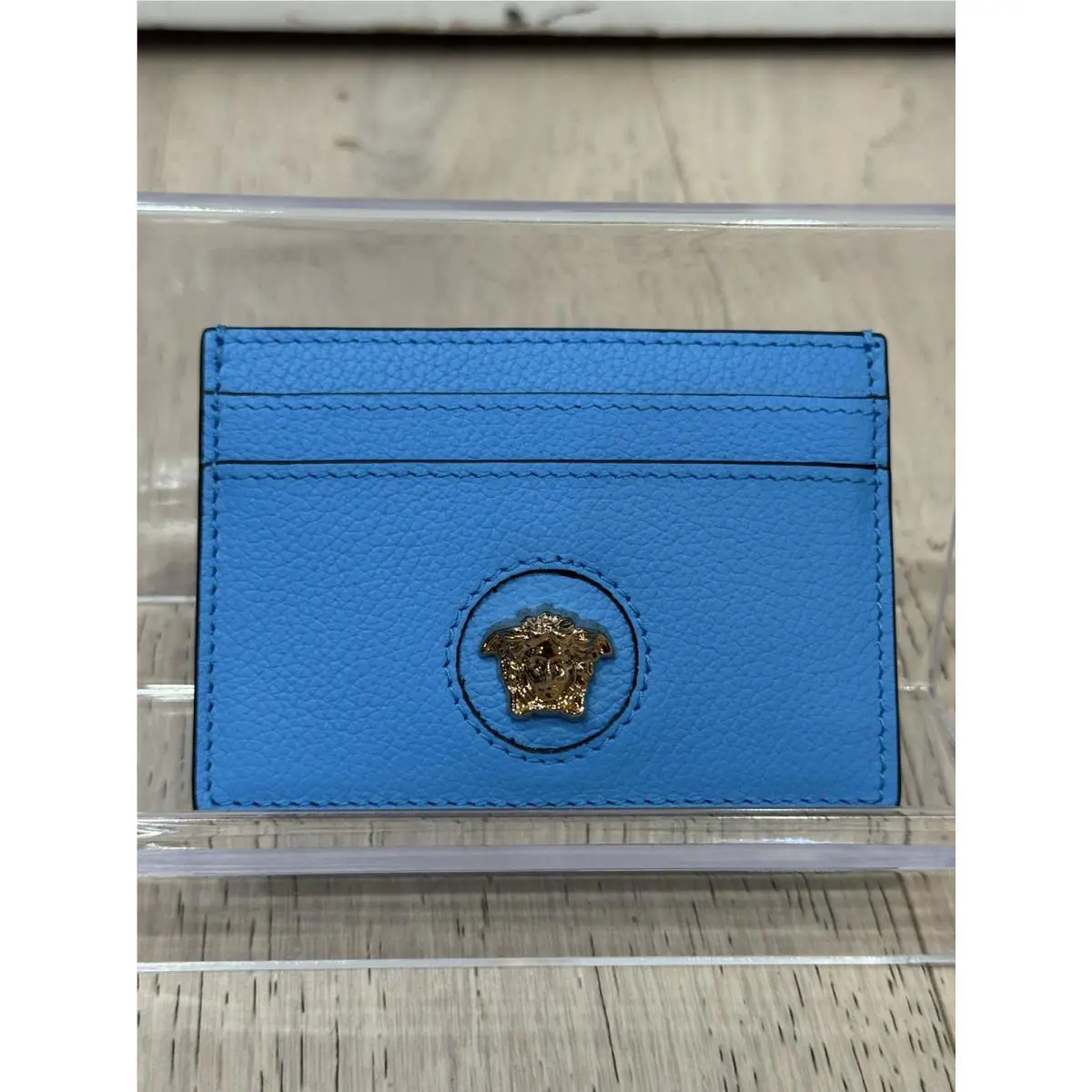 Versace La Medusa Card Holder Blue Pebbled Calf Skin Leather