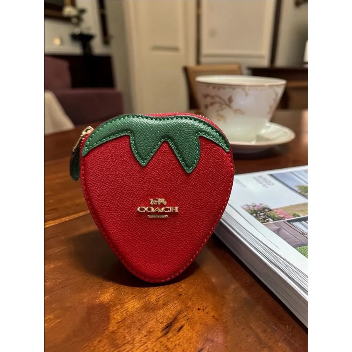 Coach Crossgrain Leather Strawberry Coin Case Pouch in Bold Red