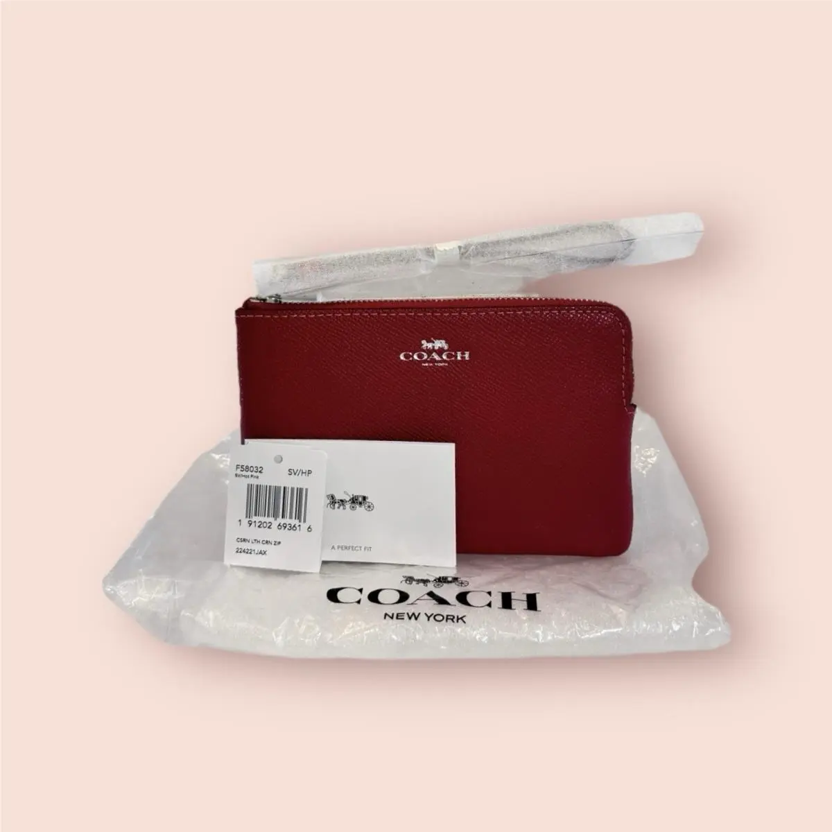 Coach Wallet Wristlet Hot Pink Red Leather Corner Zip Small