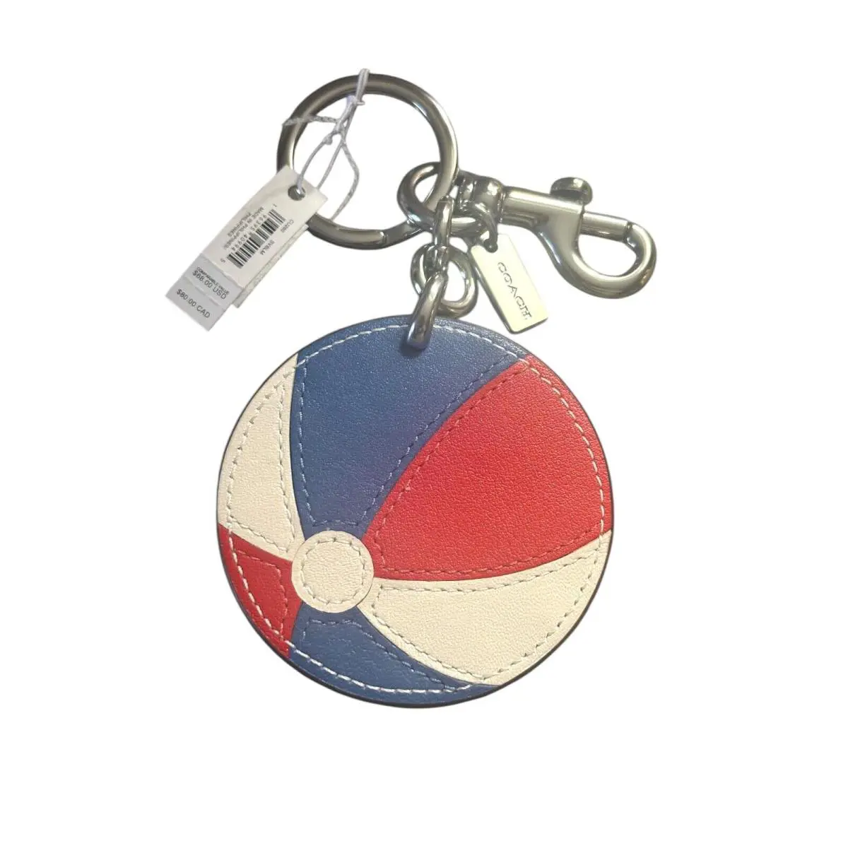 Beach Ball Bag Charm Key Ring- Leather- Red White Blue-silver Hardware by Coach