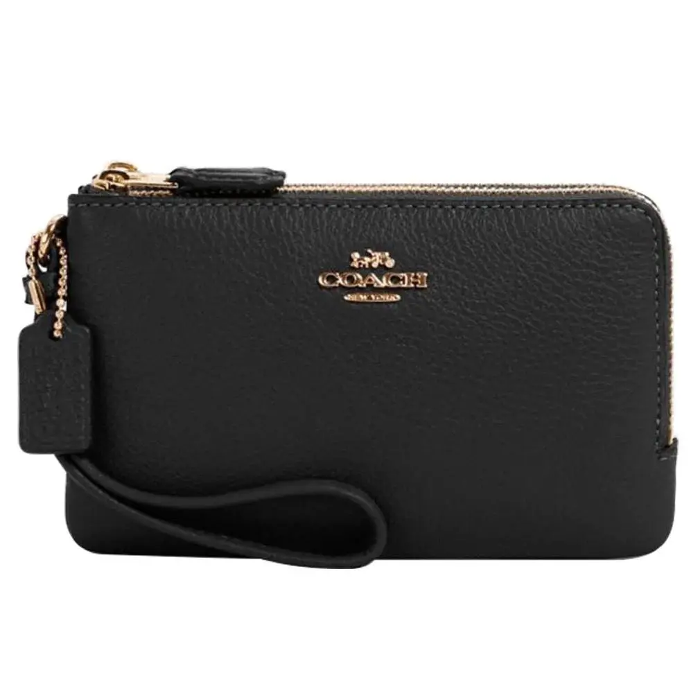 Coach Double Ziper Leather Corner Zip Wallet Wristlet In Black - Black