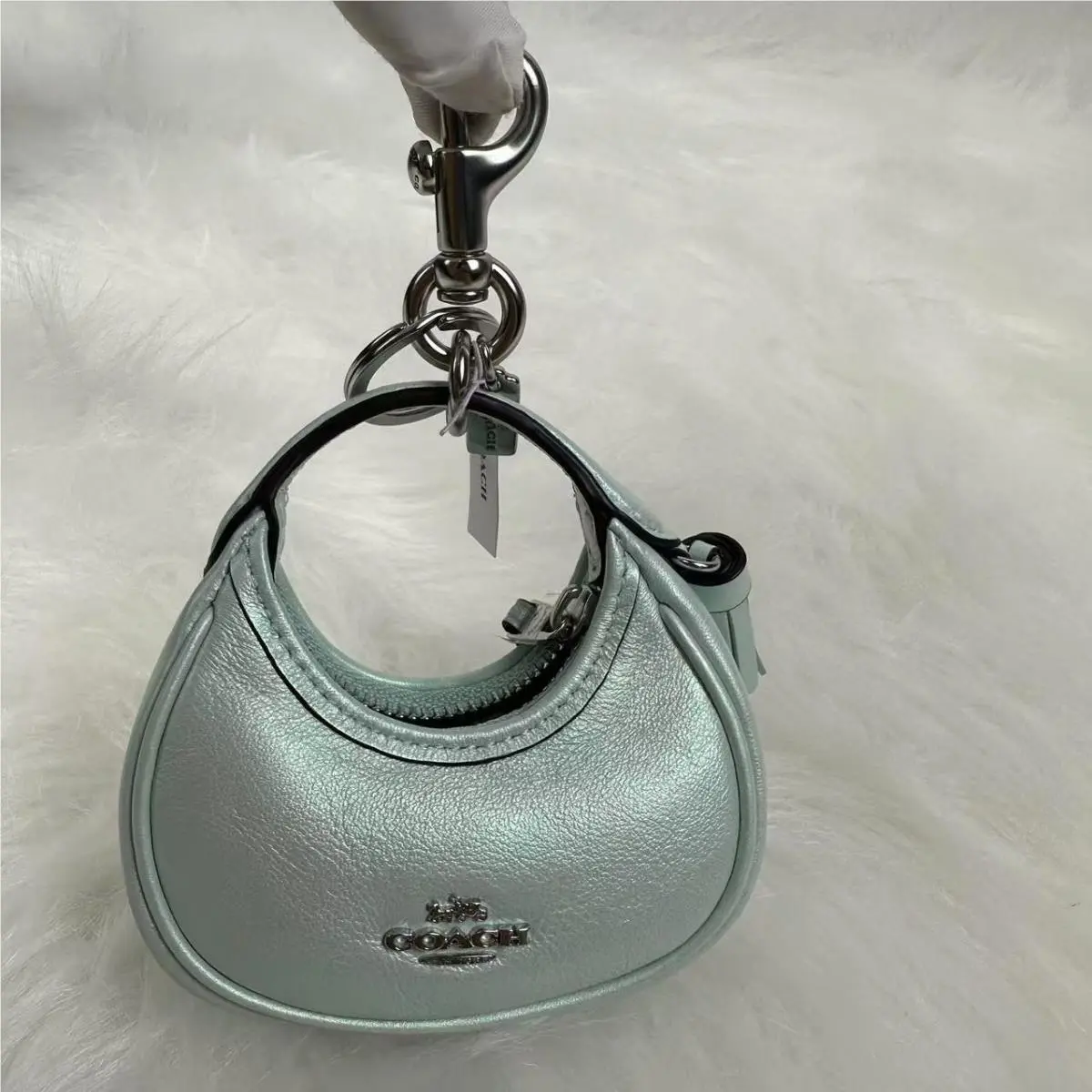 Coach Mini Carmen Bag Charm In Pearlized Leather/silver/green CBL92