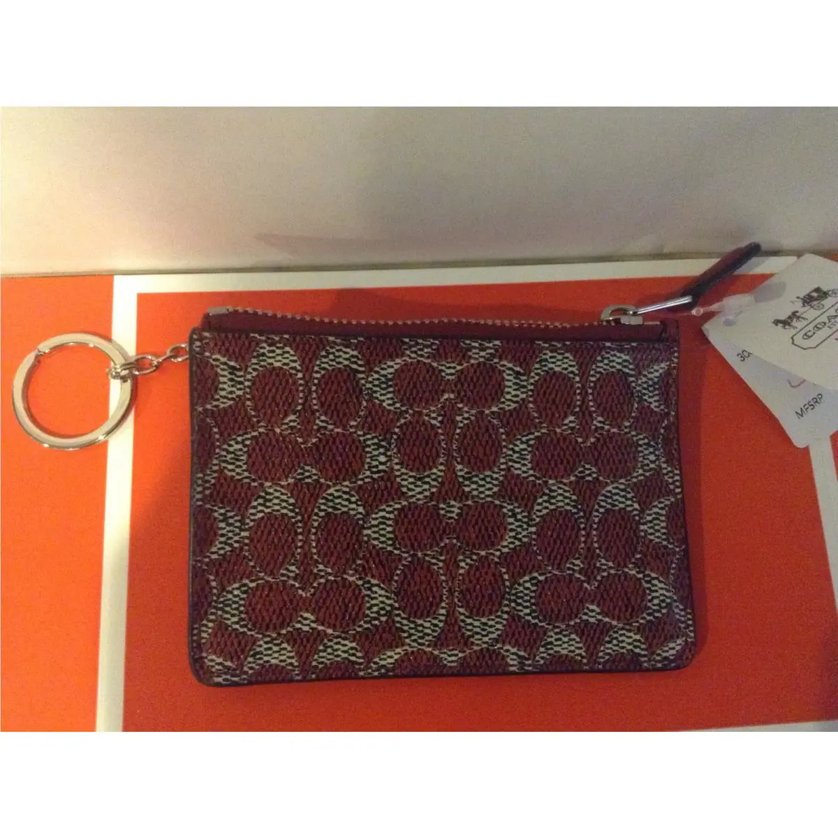 Coach Mini Skinny Red Coated Canvas Signature C Wallet Key Cha