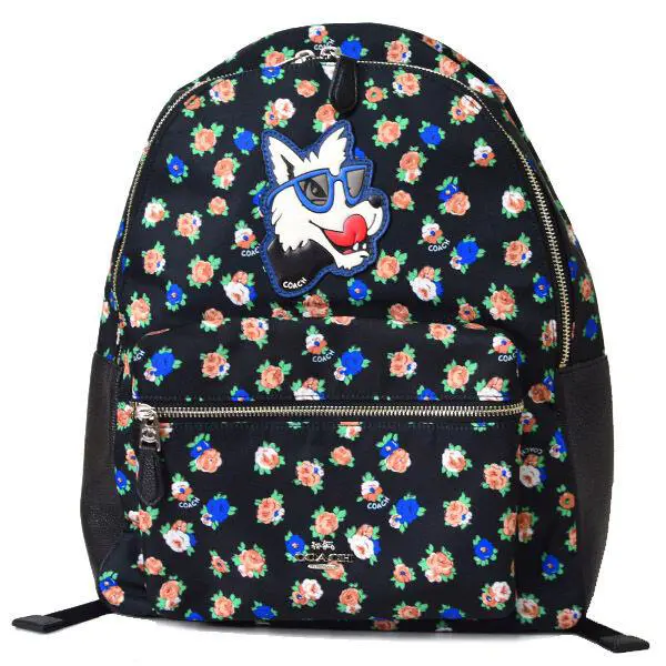 Coach Charlie Backpack in Tea Rose Floral Print Nylon 57635 Silver/black Mul