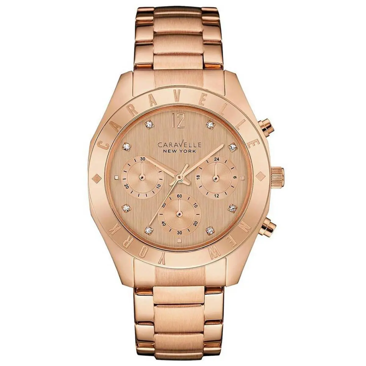 New York 44L189 Women`s Analog Chronoggraph Watch Rose Gold-tone Band by Caravelle