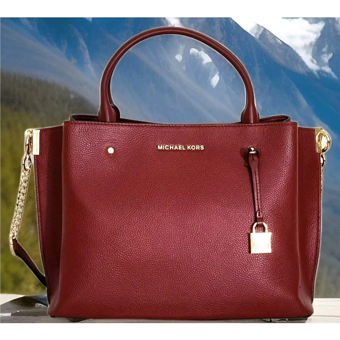 Michael Kors Arielle Brandy Dark Red Leather Large Satchel Bag