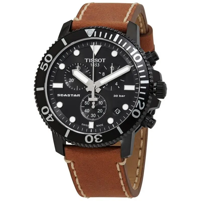 Tissot Seastar 1000 Chronograph Black Dial Men`s Watch T1204173605100 - Dial: Black, Band: Brown, Bezel: Black
