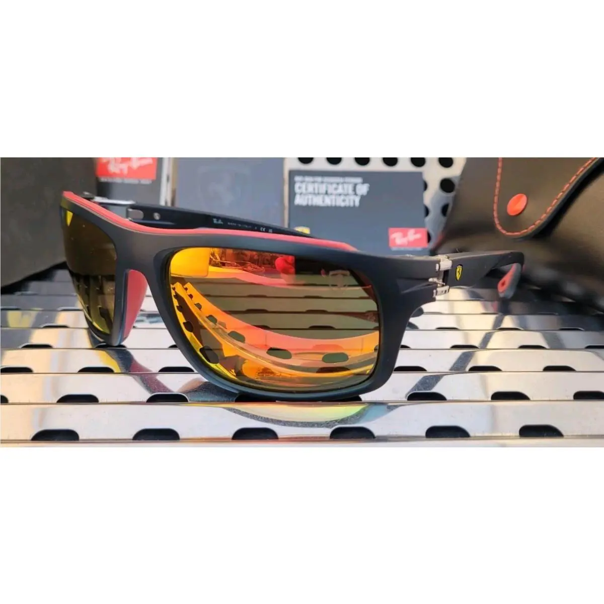 Ray Ban RB4364M Ferrari Sunglasses Matte Black+red W/brown Orange Mirror