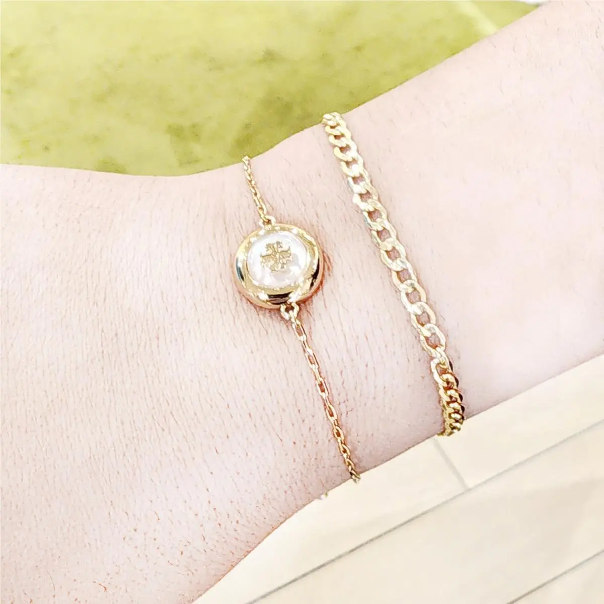 Tory Burch 18K Gold Plated Mother of Pearl Slider Bracelet 168605