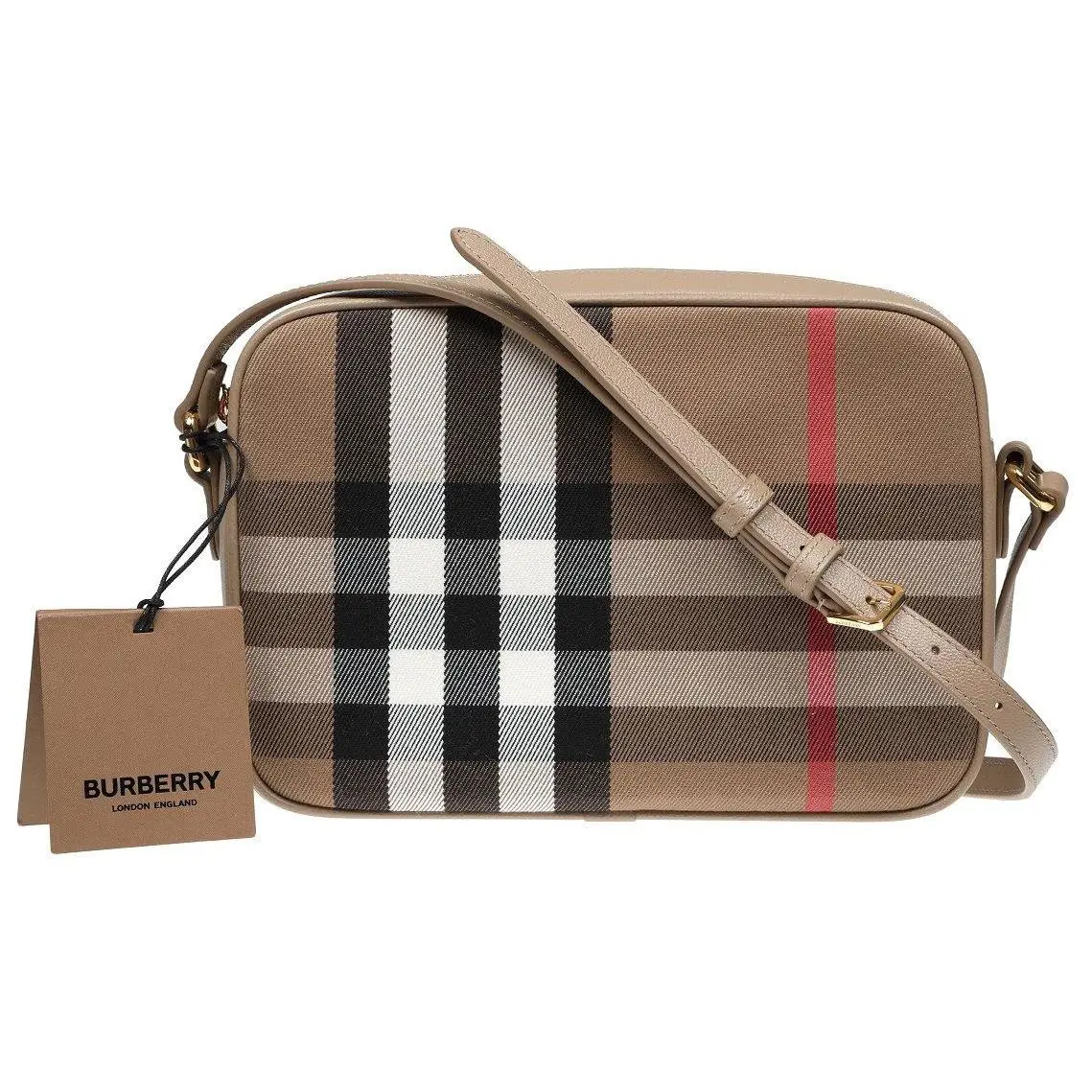 Burberry Signature Check Canvas Beige Leather Camera Bag Crossbody