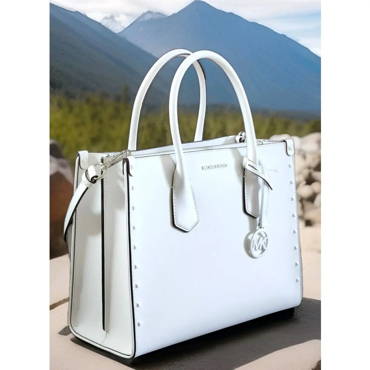 Michael Kors Maple Stud Optic White Saffiano Leather Large Satchel Bag