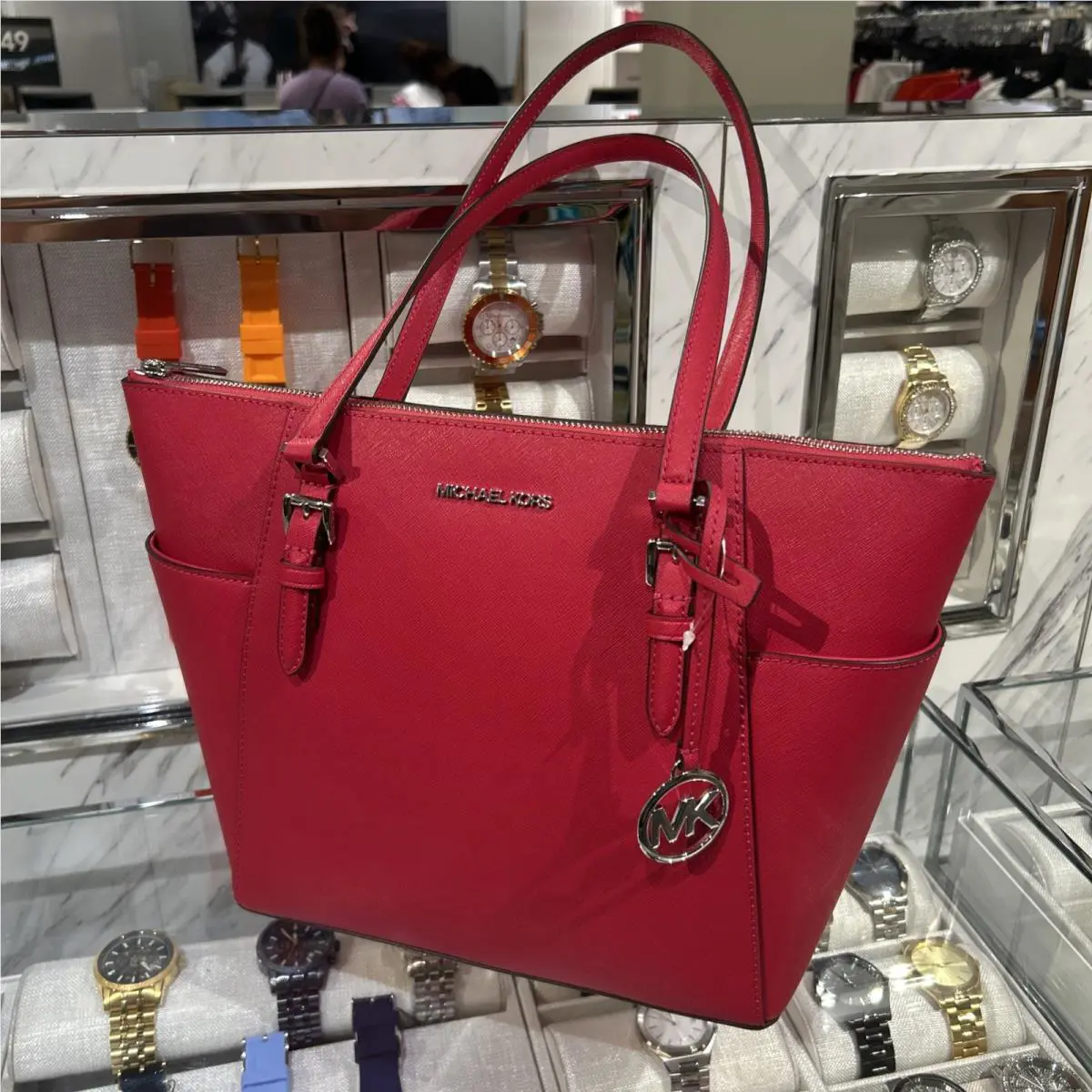 Michael Kors Charlotte Large Leather Dark Raspberry Tote Bag Handbag Shoulder MK