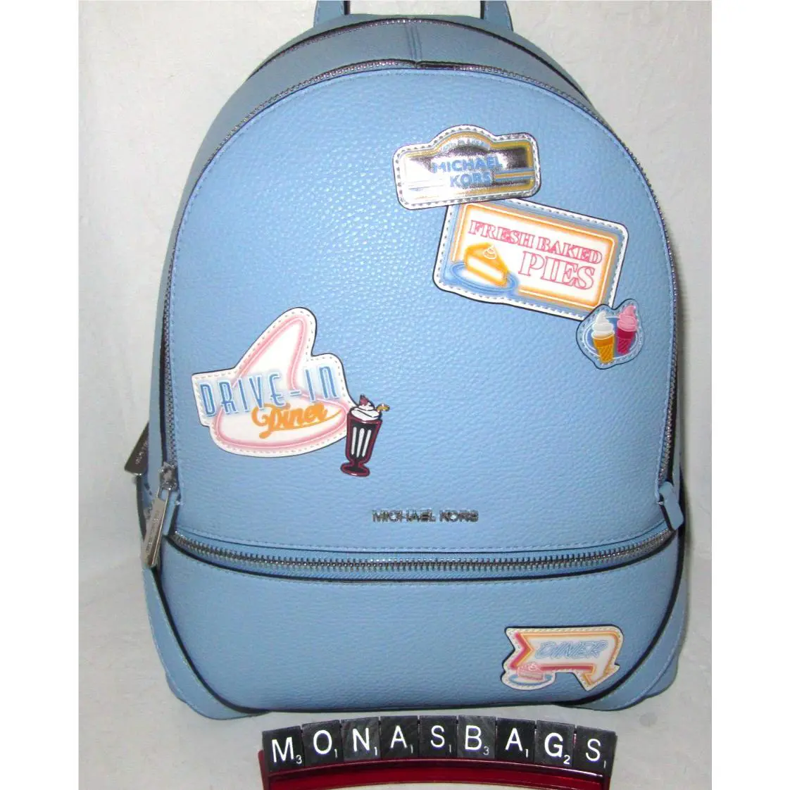 Michael Kors Rhea Medium Embellished Zip Pocket Backpack Bag Light Sky