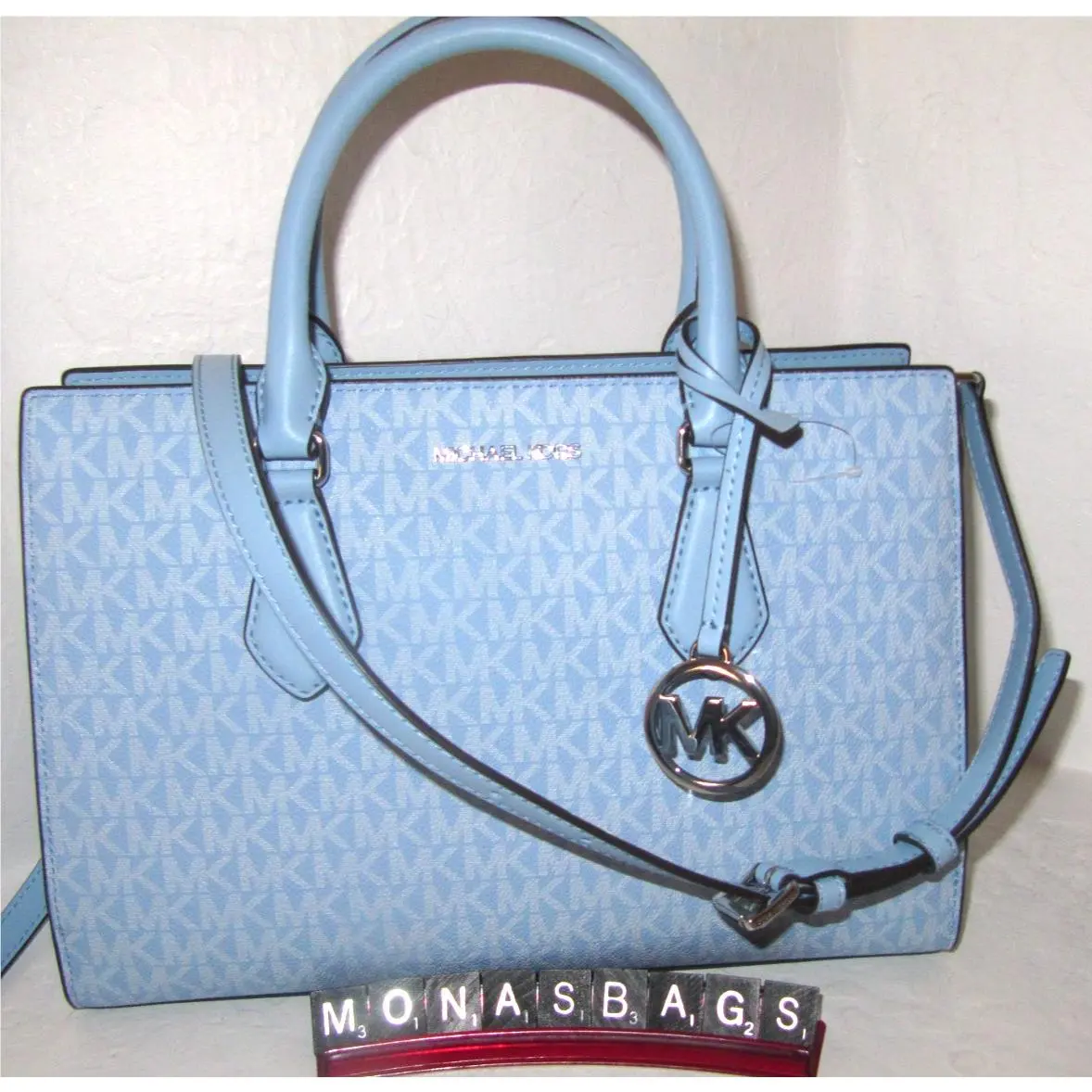 Michael Kors Sheila Center Zip Medium Light Sky Signature Satchel Bag