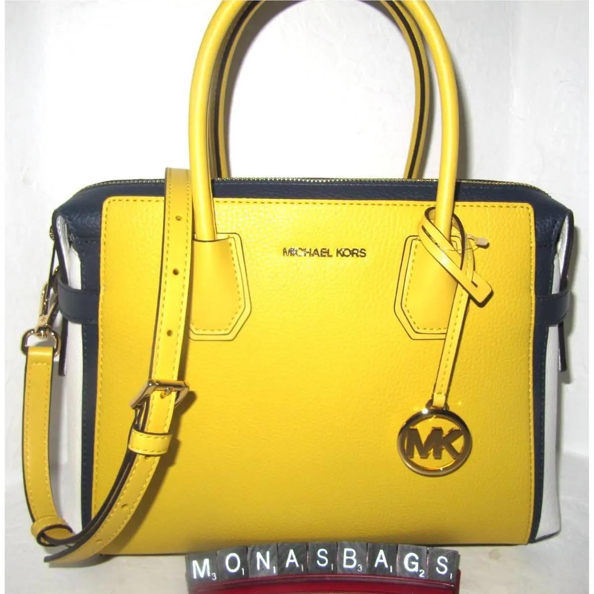 Michael Kors Mercer Medium Color-block Belted Satchel Bag Navy Daisy Yellow