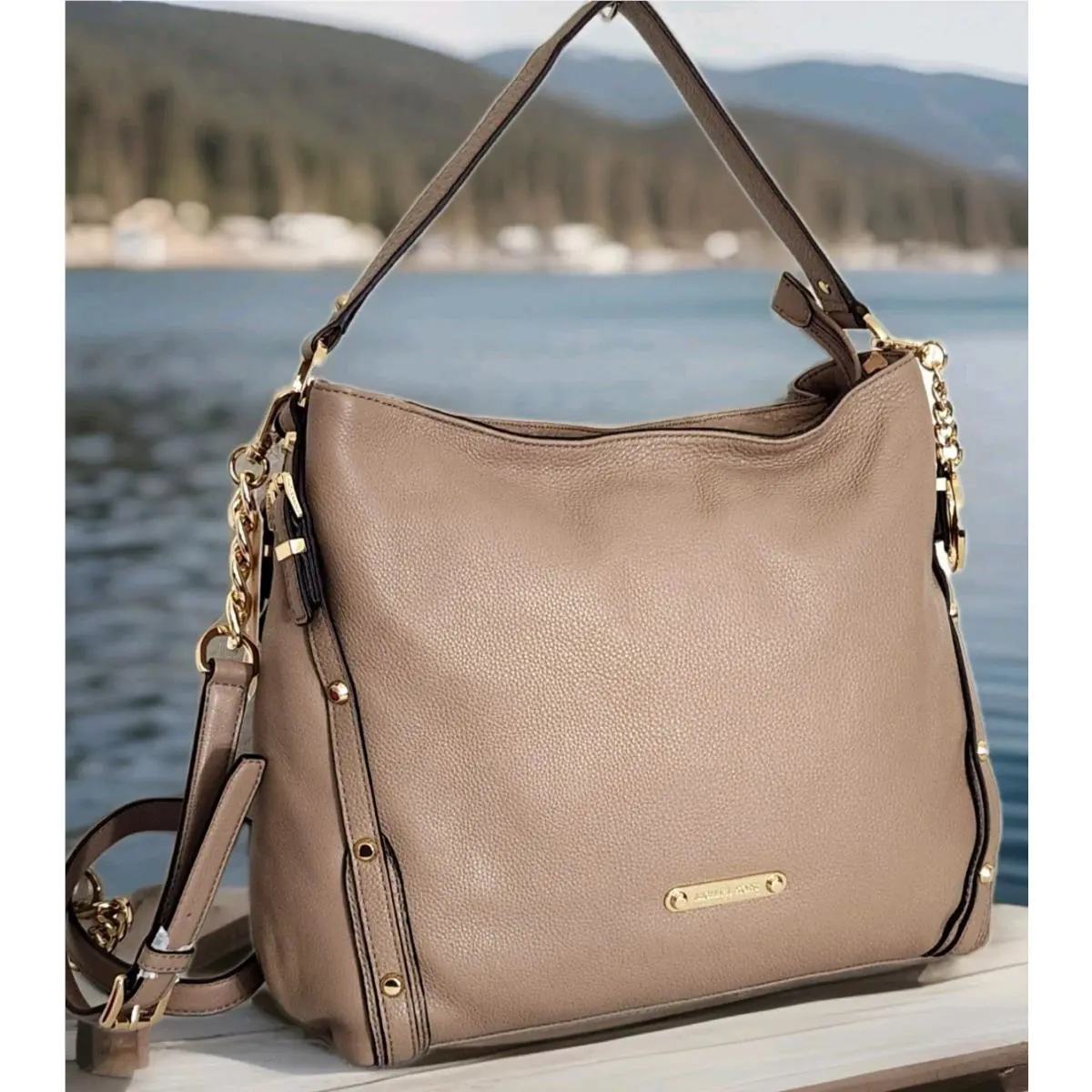 Michael Kors Leigh Large Dark Khaki Leather Studded Shoulder X-body Bag