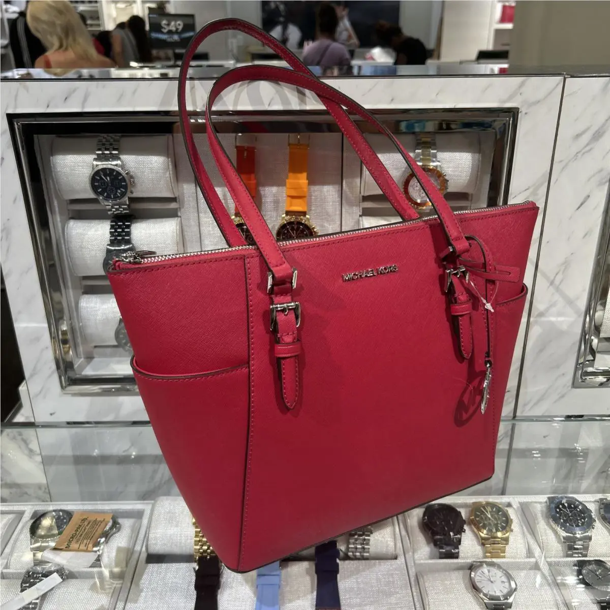 Michael Kors Charlotte Large Leather Handbag Purse Shoulder Bag Raspberry Pink