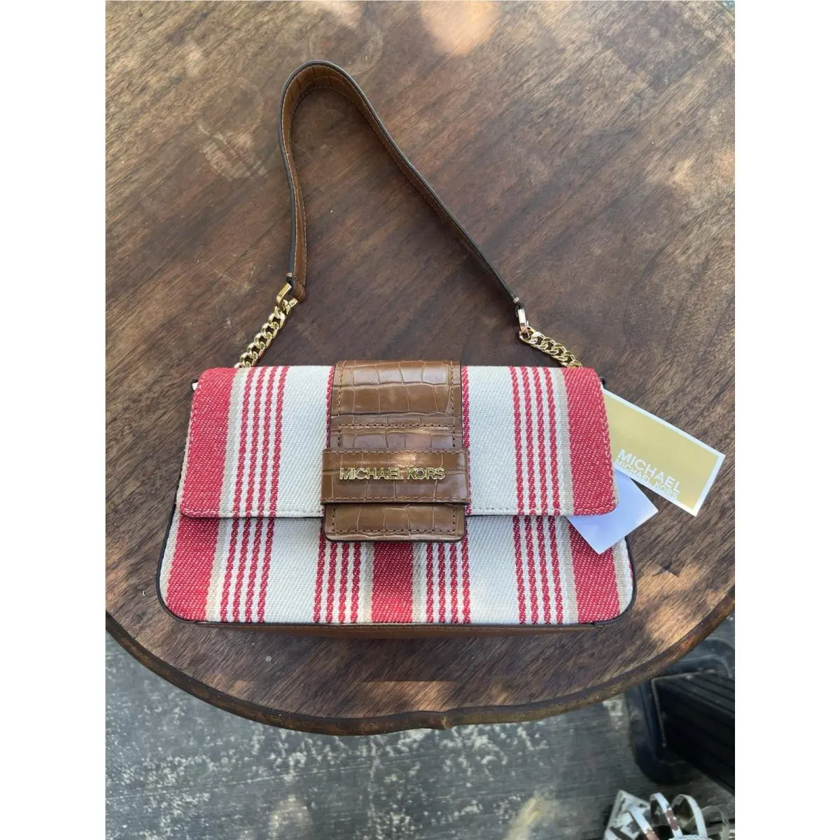 Michael Kors Sage Coral Reef Medium Striped Canvas Gold Shoulder Bag
