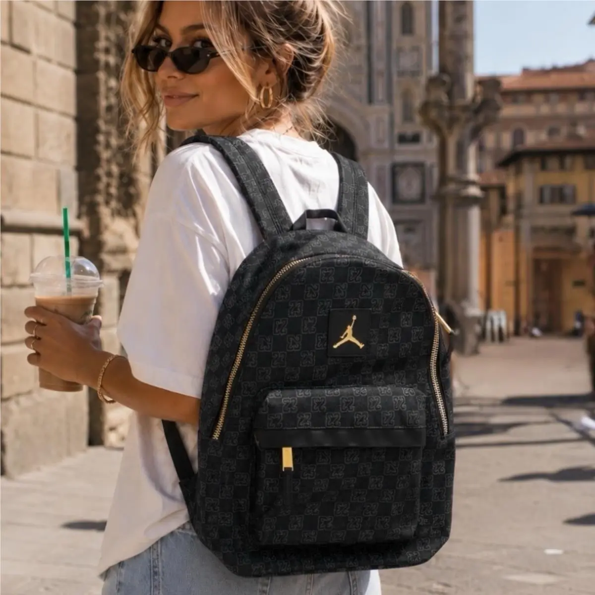 Jordan Monogram Backpack Womens 25L Black Gold Zip Jumpman School Travel Bag