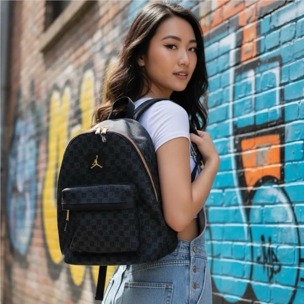 Jordan Monogram Womens Backpack Black 25L Gold Zip Logo School Travel MA0758-023
