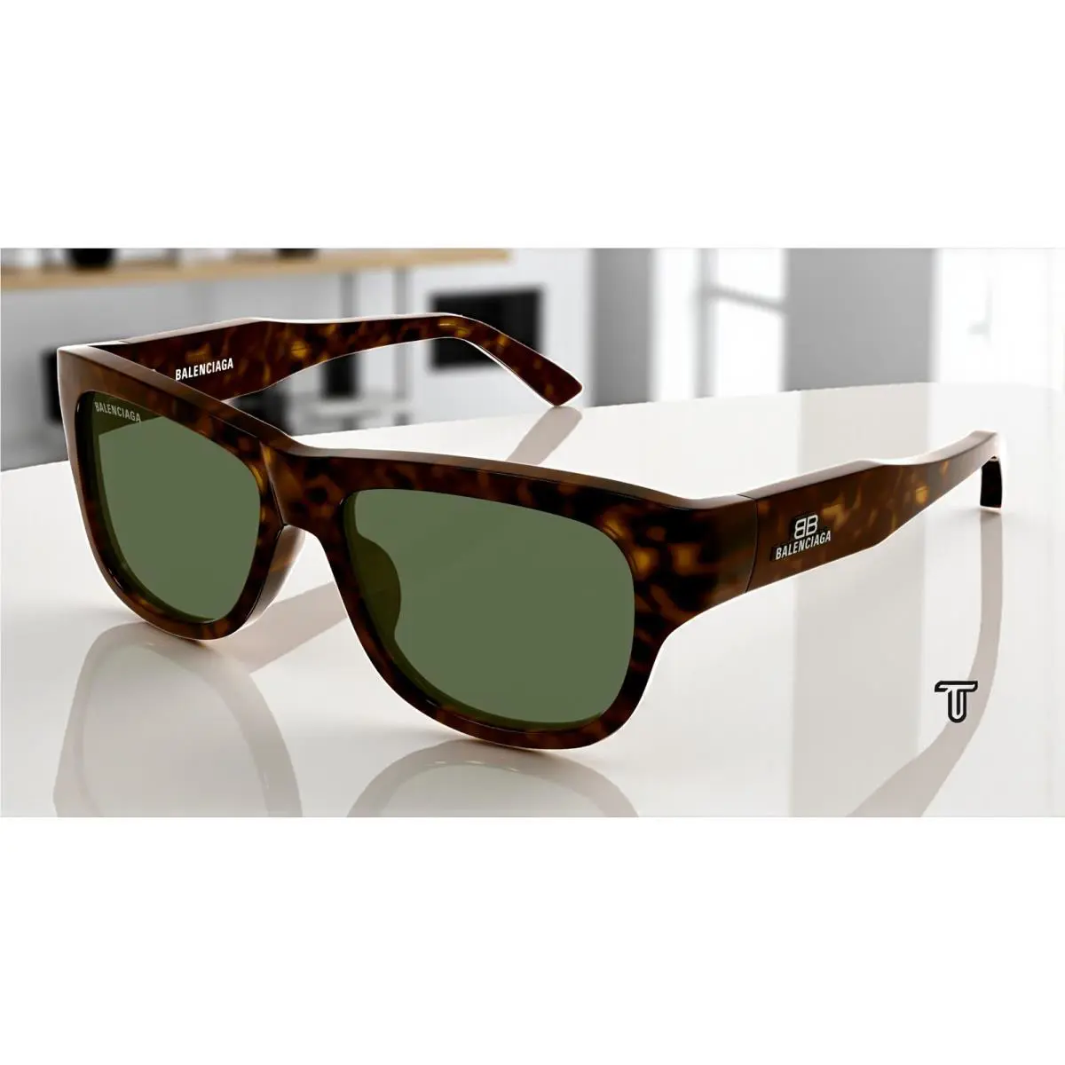 Balenciaga BB0211S 002 Rectangular Squared Havana Green 56 mm Men`s Sunglasses