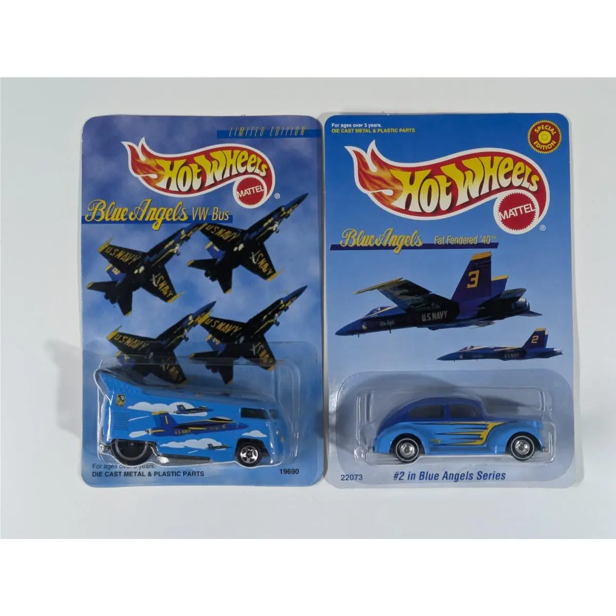 Hot Wheels Navy Blue Angels VW Drag Bus + Fat Fendered 40 19690 22073 Moc