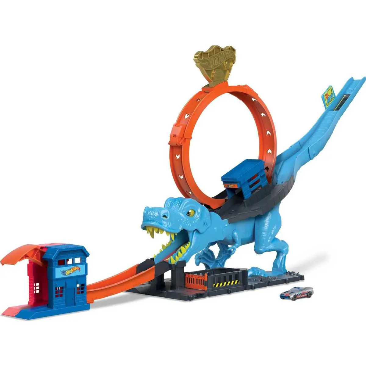 City Toy Car Track Set T-rex Chomp Down with 1:64 Scale Vehicle Knock Out