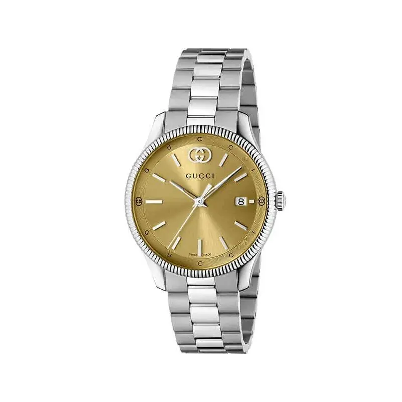 Gucci G-timeless Quartz 38MM Gold Plated Dial Men`s Watch YA1264234 - Dial: Gold, Band: Silver, Bezel: Silver