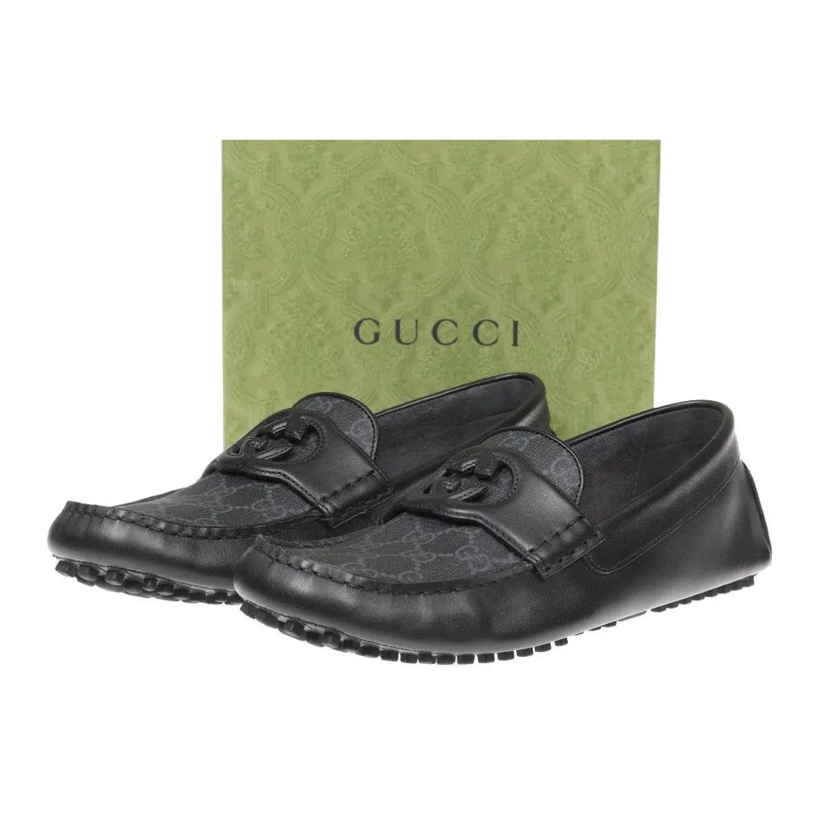 Luxury Black Gray GG Interlocking Moccasin Driver Shoes 8.5/US 9 by Gucci