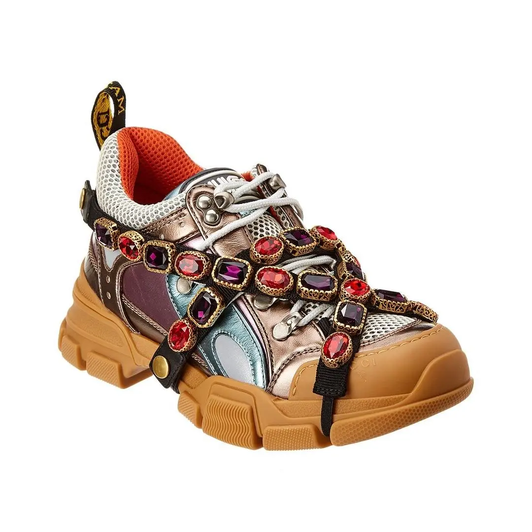 Flashtrek Leather Mesh Sneaker Women`s Gold 35 by Gucci