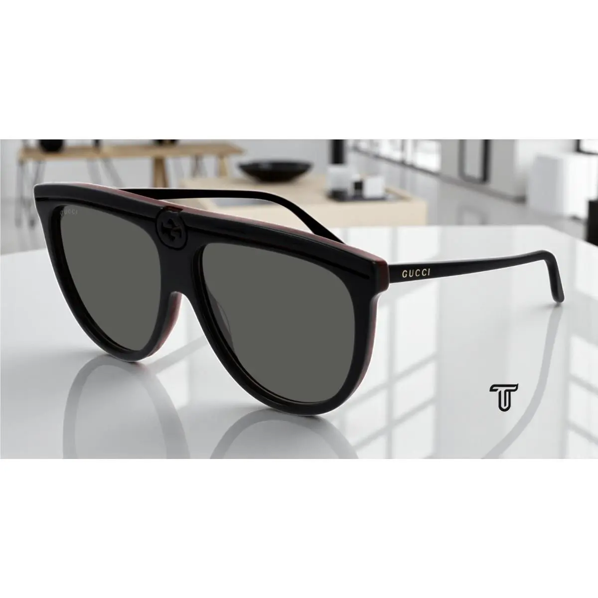 Gucci GG0732S 001 Aviator Acetate Black Shiny Black Grey 61mm Women`s Sunglasses