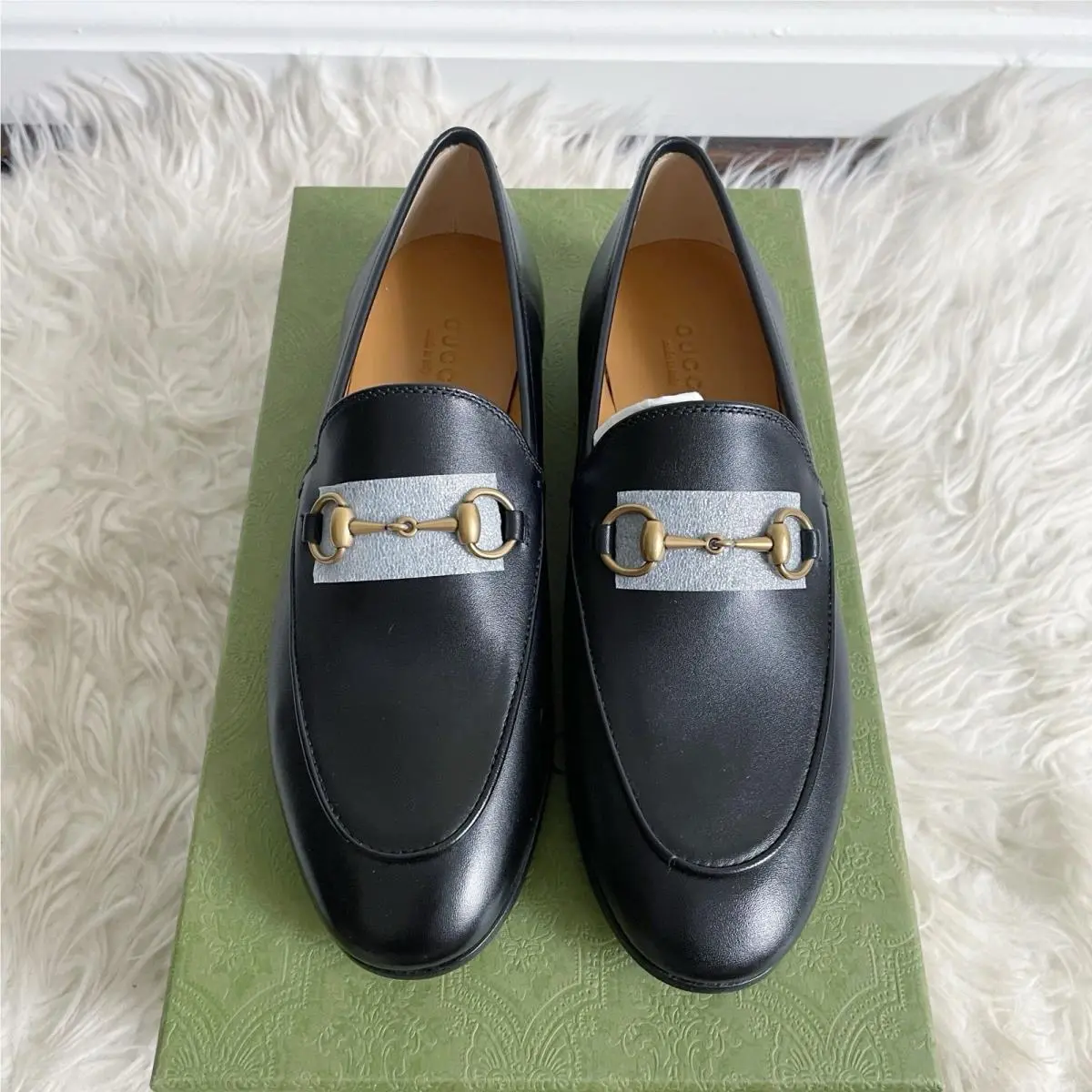 Gucci Jordaan Horsebit Detailed Leather Loafer Black Gold Size 36
