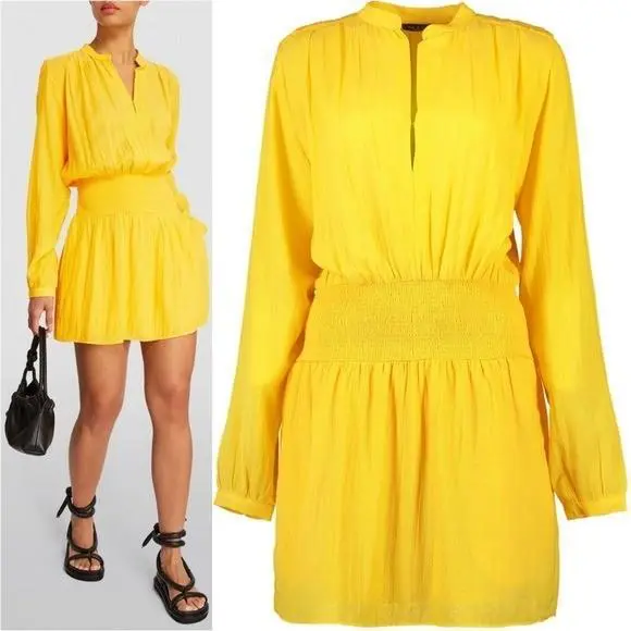 Rag Bone Calista Smocked Mini Dress Size Large Butter Yellow