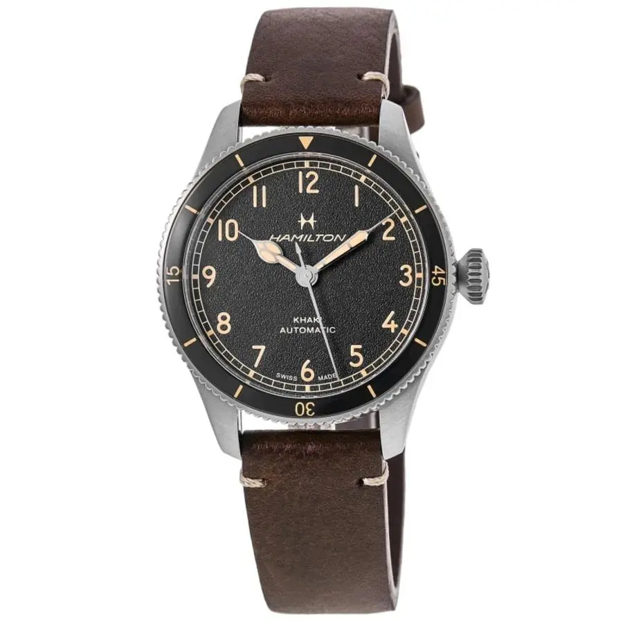 Hamilton Khaki Aviation Pilot Pioneer Auto Black Men`s Watch H76205530 - Face: Black, Dial: Black, Band: Brown