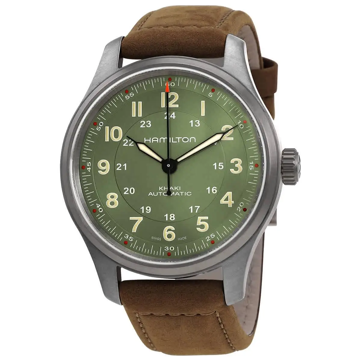 Hamilton Khaki Field Automatic Green Dial Men`s Watch H70545560 - Dial: Green, Band: Brown, Bezel: Silver