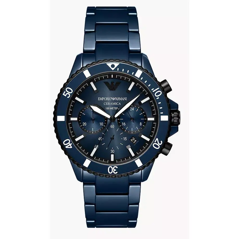 Emporio Armani Men Navy Blue Ceramic Sports Chronograph Quartz 43mm 100M AR70009