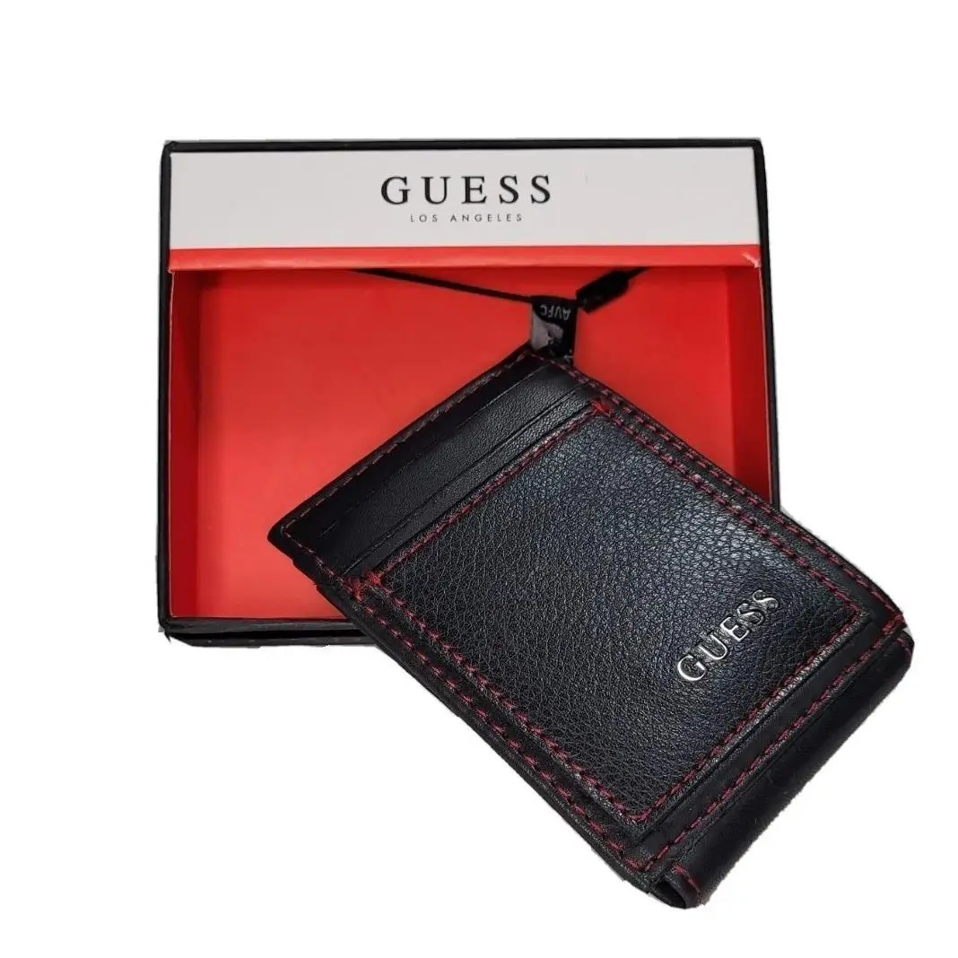Guess Men`s Front Pocket Wallet Magnetic Money Clip Rfid Block Black/red