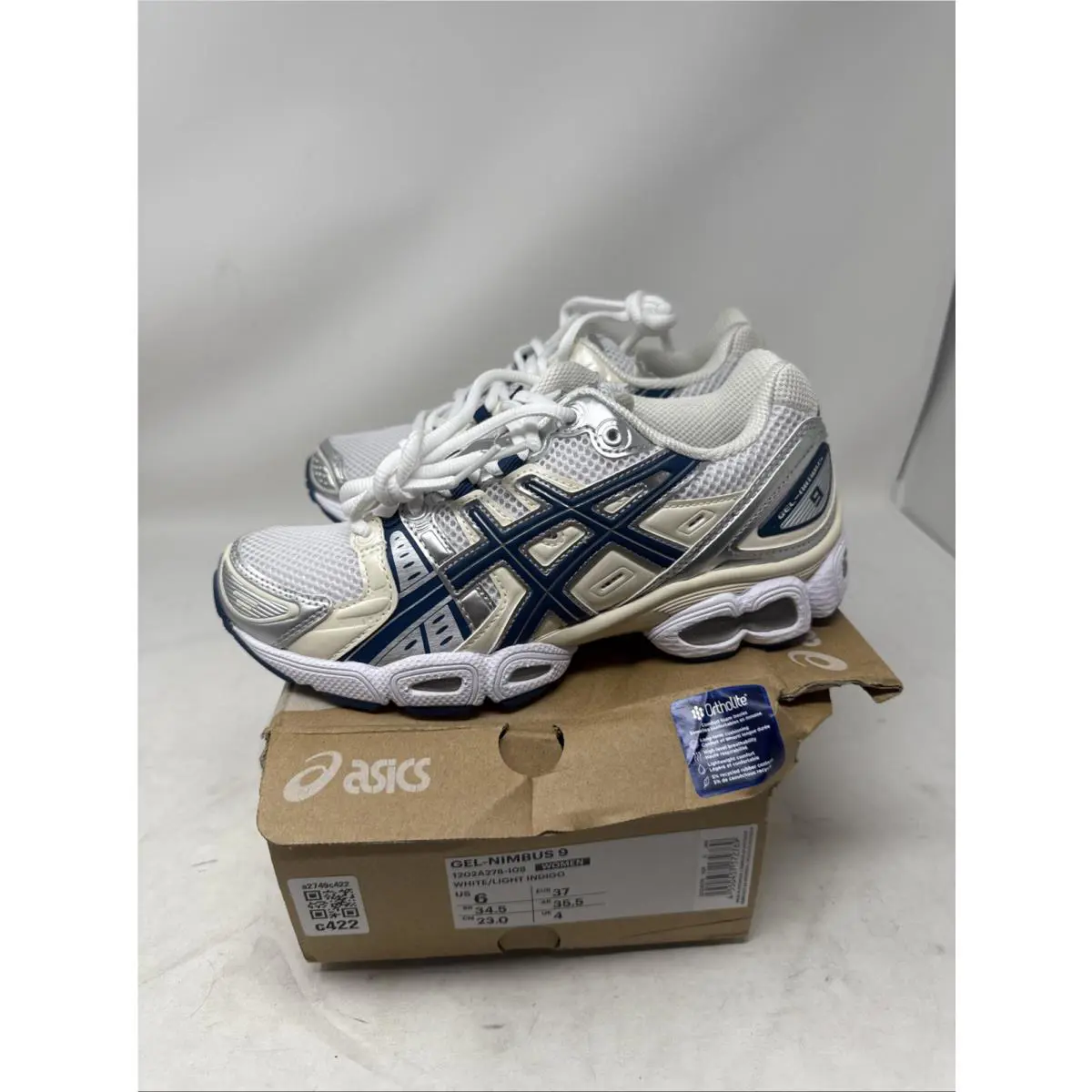 Asics Women`s Gel-nimbus 9 White/light Indigo 1202A278-108 US Size 6 Eur 37