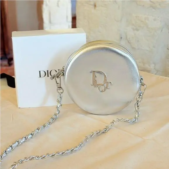 Dior Gwp Mini Round Silver Crossbody Hard Pouch In Box