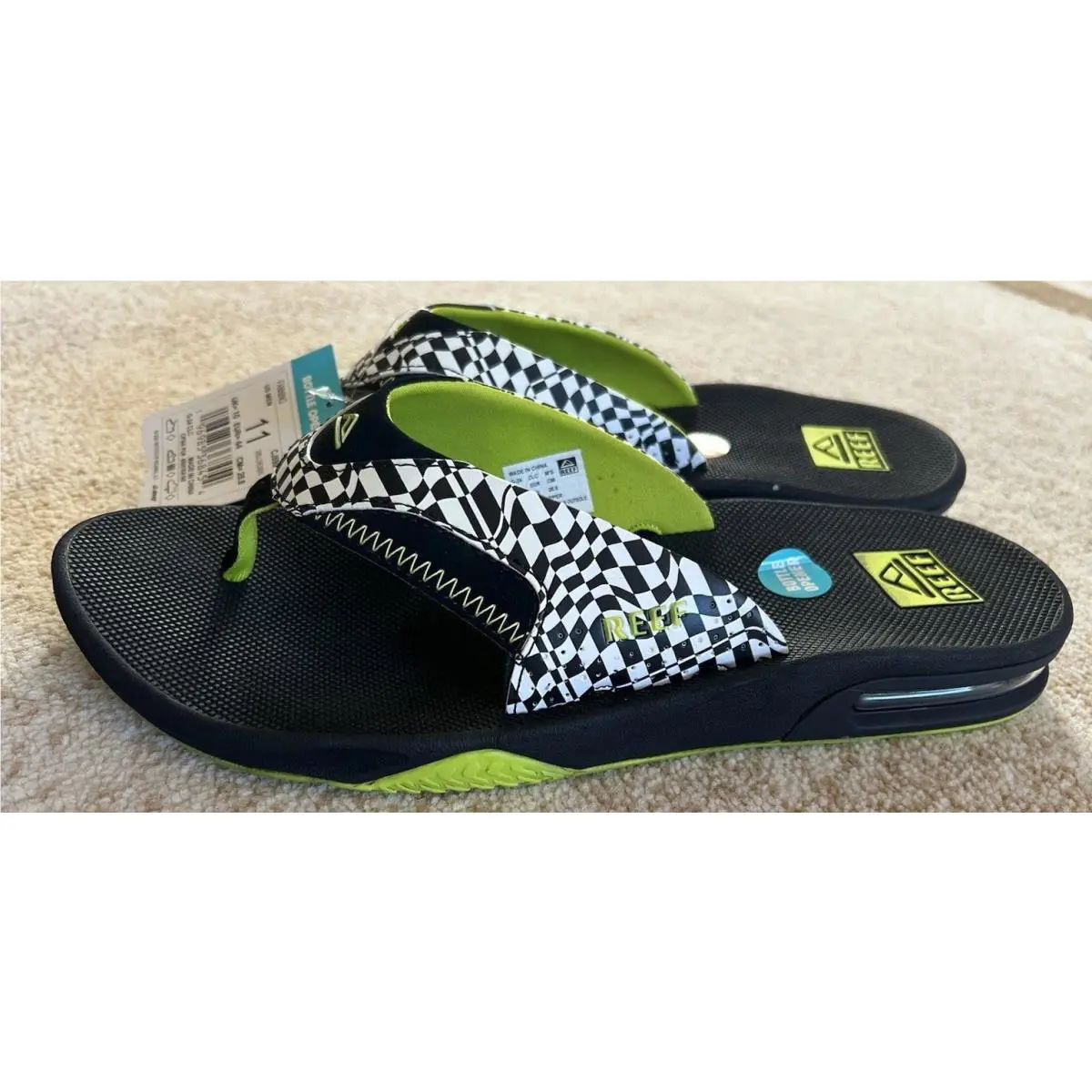 Reef Fanning Flip Flops Checkers Black/white Bottle Opener Sandal US 11