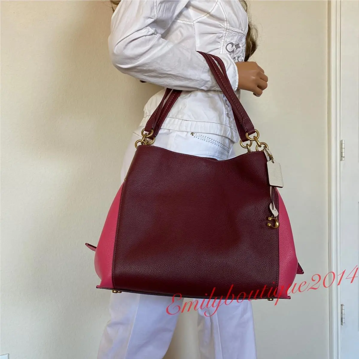 Coach 1016 Dalton 31 Colorblock Wine Pink Pebble Leather Shoulder Bag