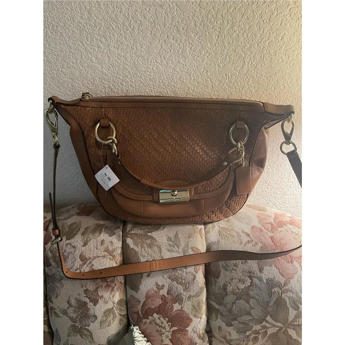 Kristin Brown Woven Leather Tote Convertible Shoulder Bag with Dustbag by Coach