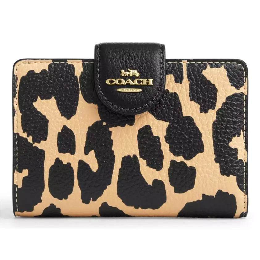 Coach Medium Corner Zip Wallet - CBT25 Gold/black Leopard Print Leather