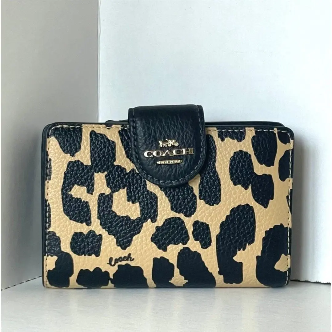 Coach Leopard Print Corner Zip Wallet CBT25 Brown Pebble Leather Compact ID