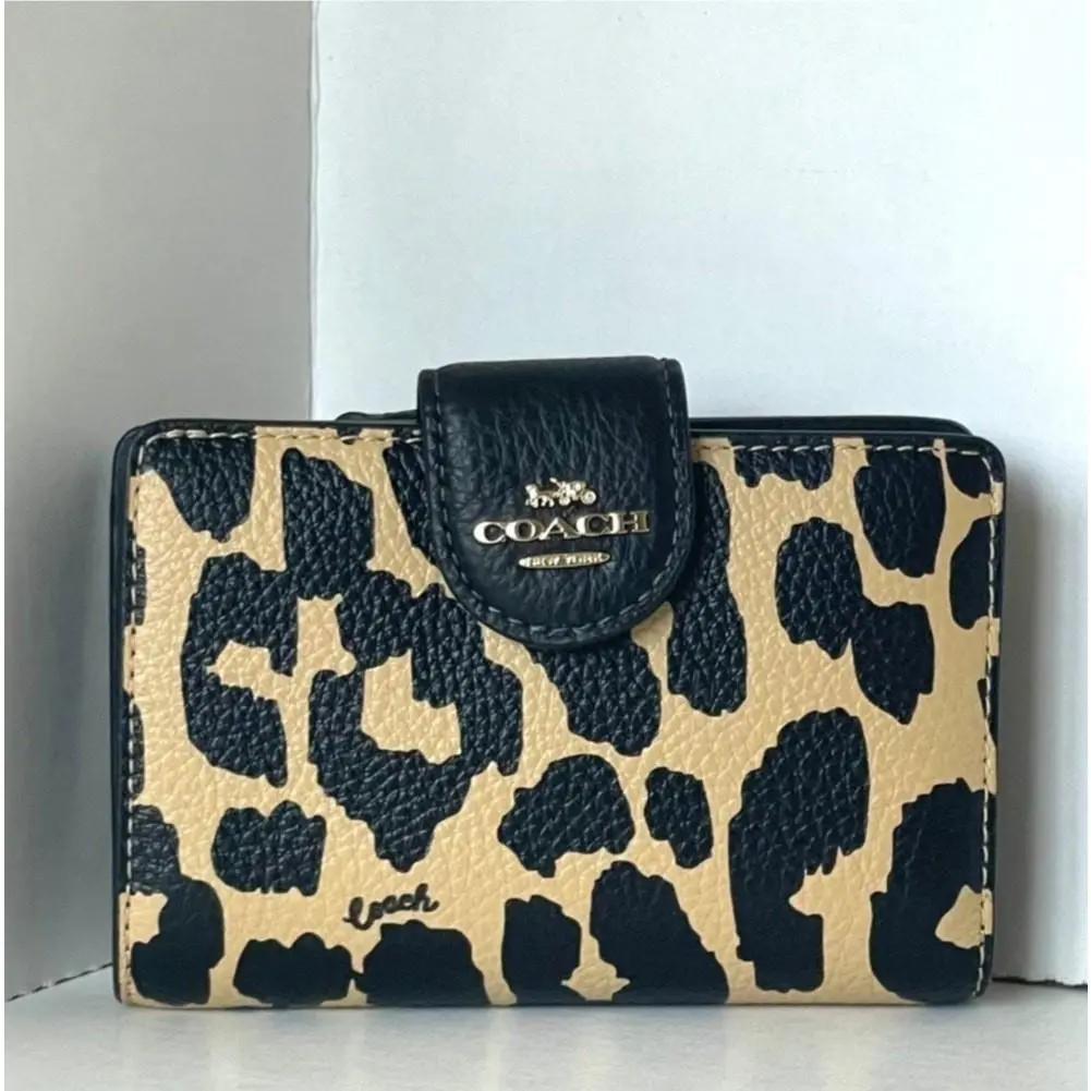 Coach Corner Zip Wallet CBT25 Leopard Print Brown Pebbled Leather Compact ID