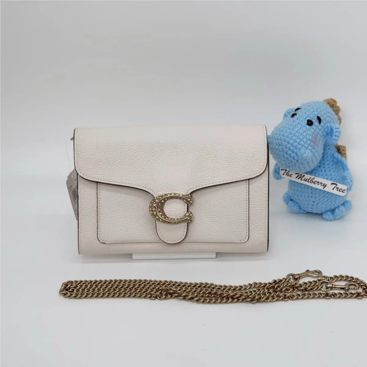 Coach 79438 Tabby Chain Clutch Crossbody Pebbled Leather Brass Chalk Crystal Woc