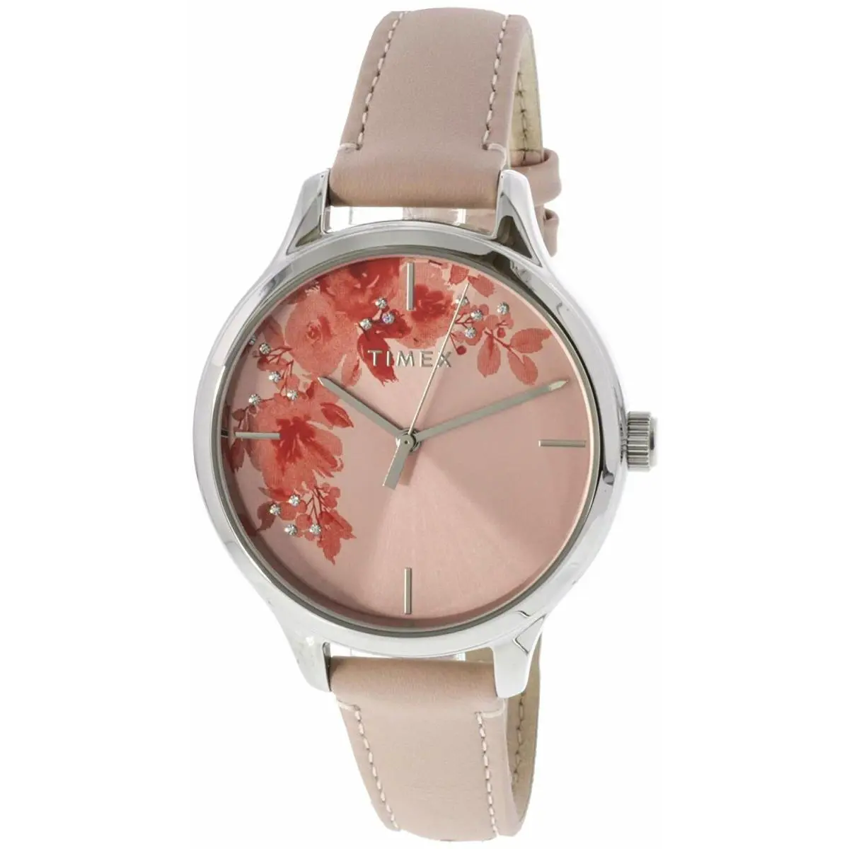 Silver Tone Pink Blossom Leather Band Swarovski Dial WATCH-TW2R66600 by Timex