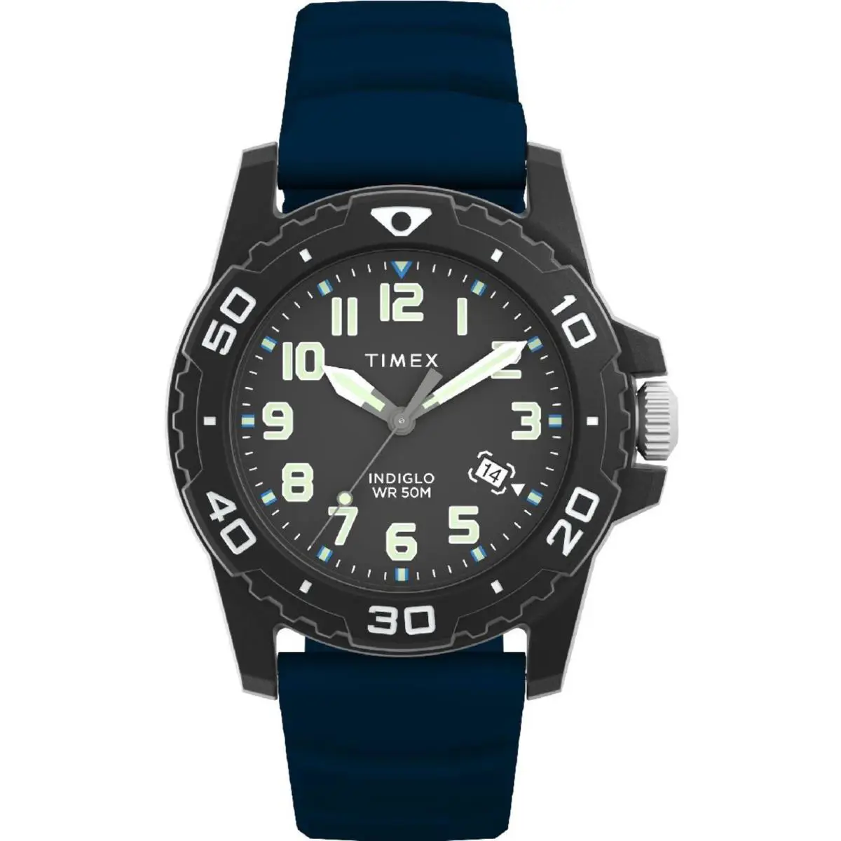 Timex TW5M61100 Men`s Main Street Diver 42mm Blue Silicone Strap Watch - Black, Dial: Black, Band: Blue