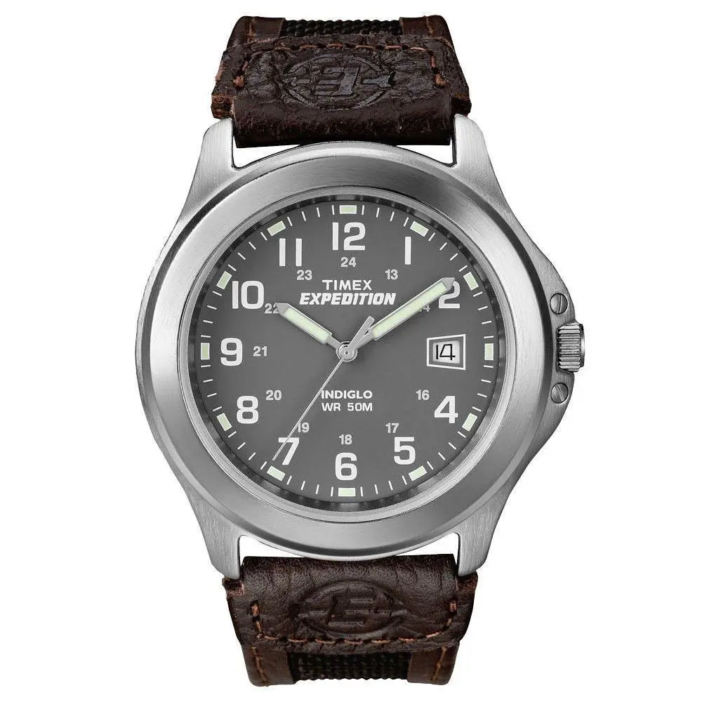Timex T40091 Men`s Expedition Brown Leather/nylon Watch Indiglo Date - Dial: Black, Band: Black, Bezel: Silver