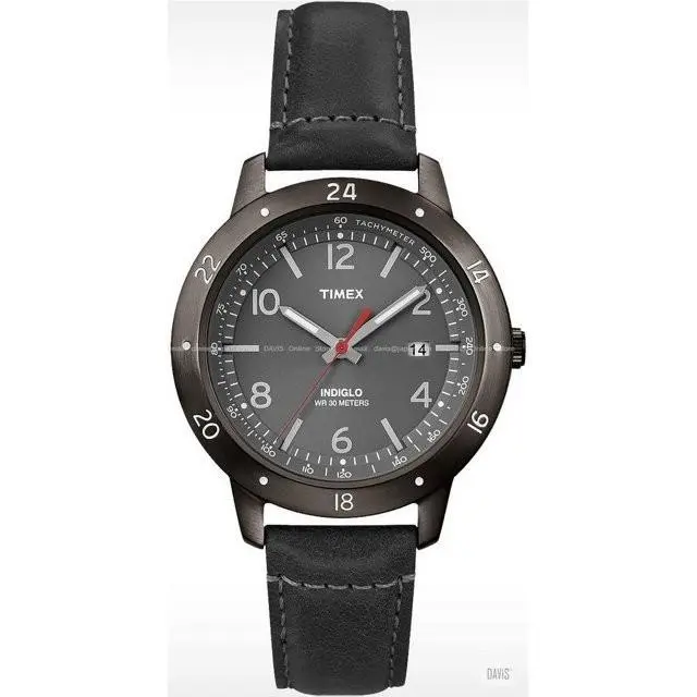 Timex Men`s T2N897 Black Dail Black Leather Band Analog Watch Indiglo